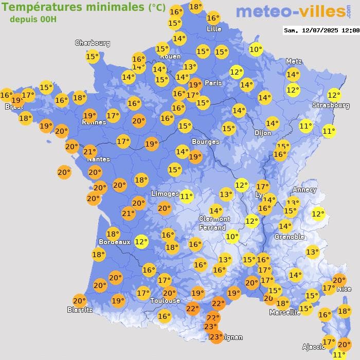 Températures minimales (°C) depuis 00h